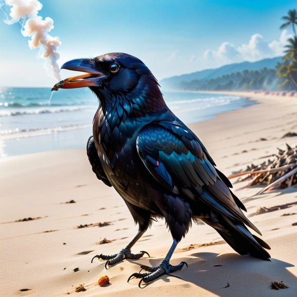 Picture of a smoking of a crow on the beach