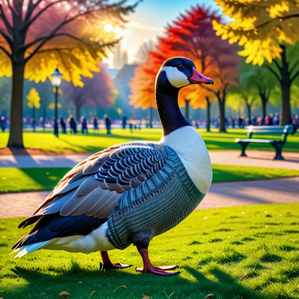 Foto de un ganso en un suéter en el parque