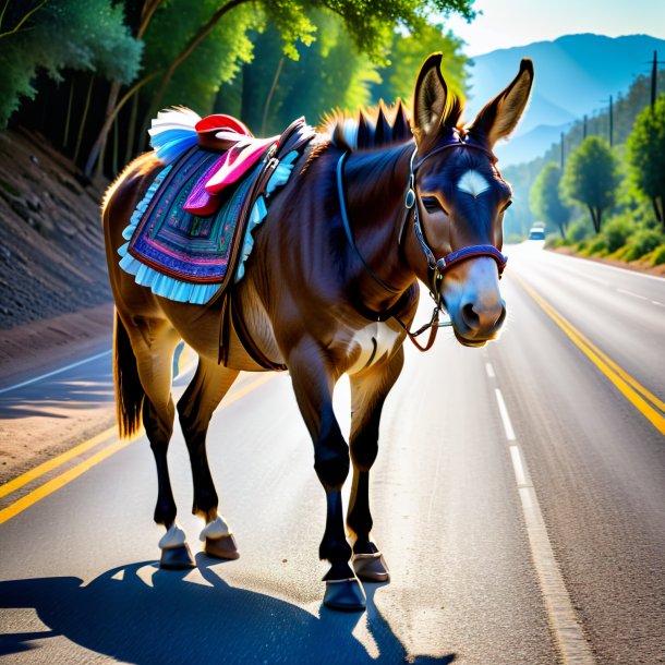 Image of a mule in a skirt on the road