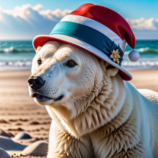 Foto de un oso polar en un sombrero en la playa