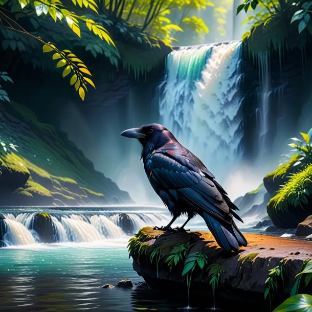 Photo of a resting of a crow in the waterfall