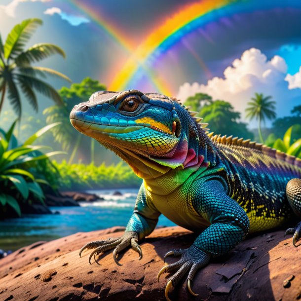 Photo of a resting of a monitor lizard on the rainbow