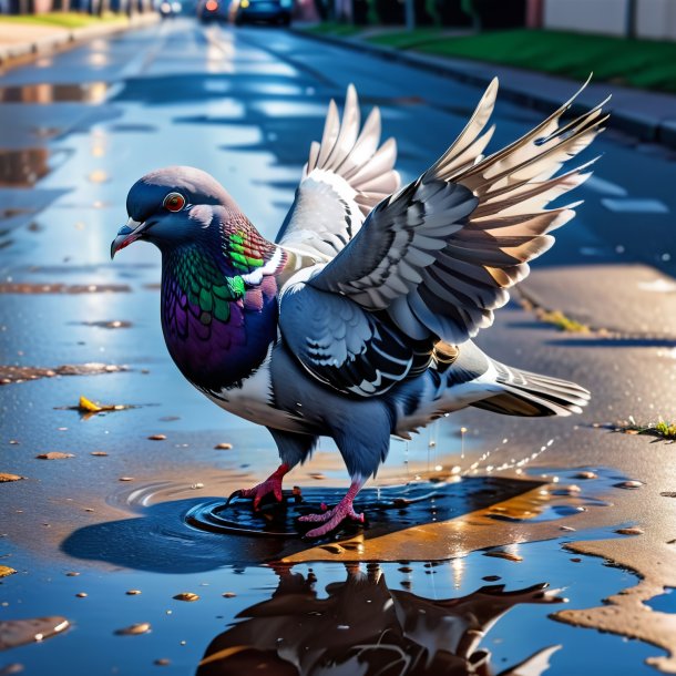 Drawing of a pigeon in a jeans in the puddle