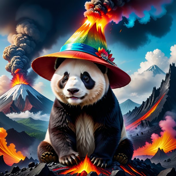 Image of a giant panda in a hat in the volcano