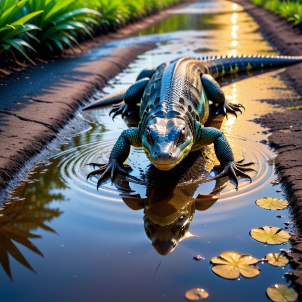 Imagen de un baile de un monitor lagarto en el charco