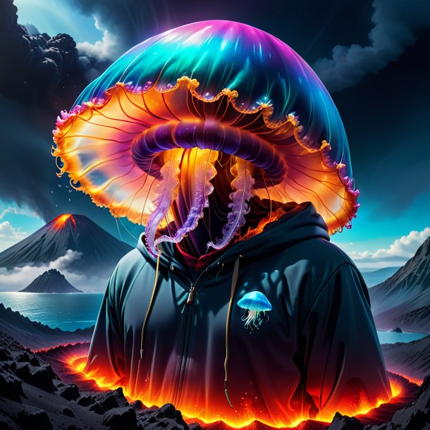 Foto de una medusa en una sudadera con capucha en el volcán