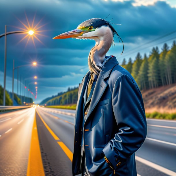 Image of a heron in a jacket on the highway