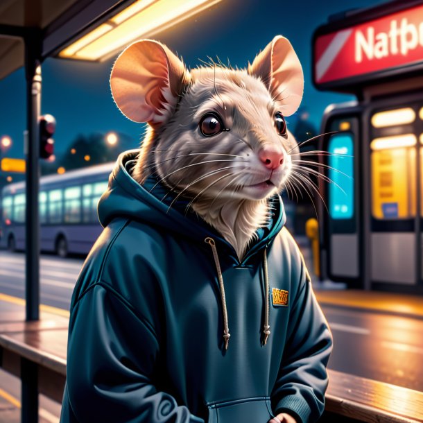 Imagem de um rato em um hoodie no ponto de ônibus