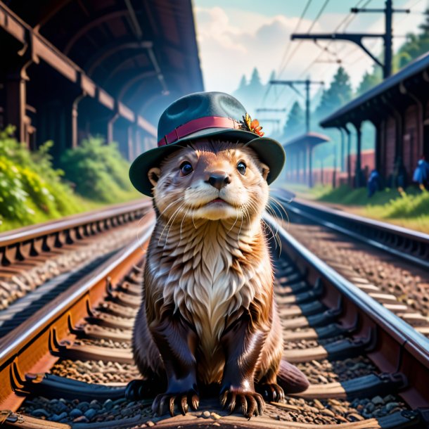 Imagen de una nutria en un sombrero en las vías del ferrocarril