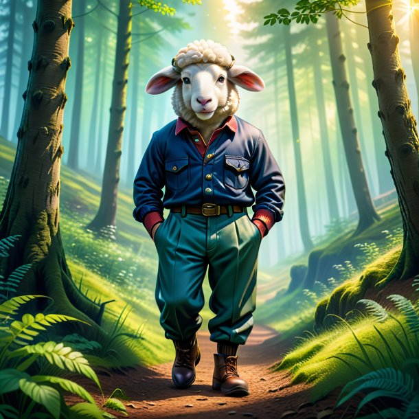 Illustration of a sheep in a trousers in the forest