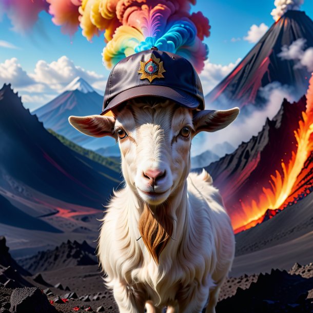 Picture of a goat in a cap in the volcano