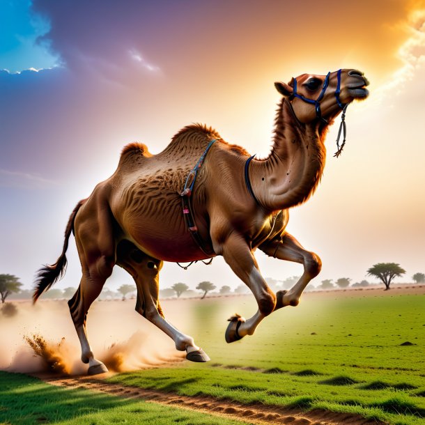 Pic of a jumping of a camel on the field