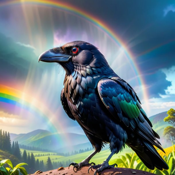 Pic d'une menace d'un corbeau sur l'arc-en-ciel