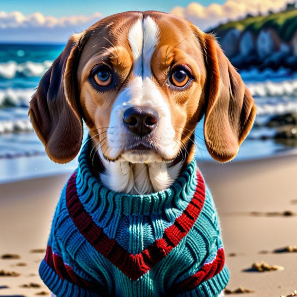 Foto de um beagle em um suéter na praia