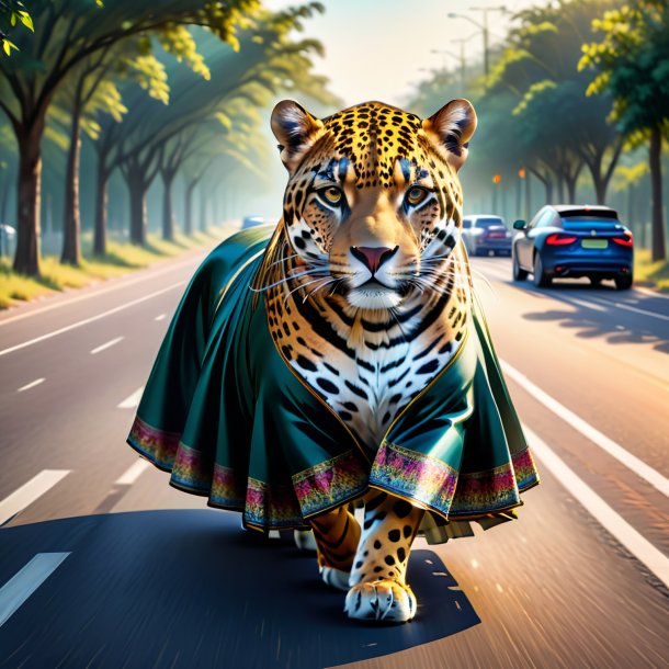 Drawing of a jaguar in a skirt on the road