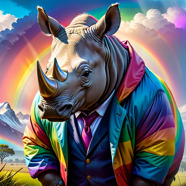 Drawing of a rhinoceros in a coat on the rainbow