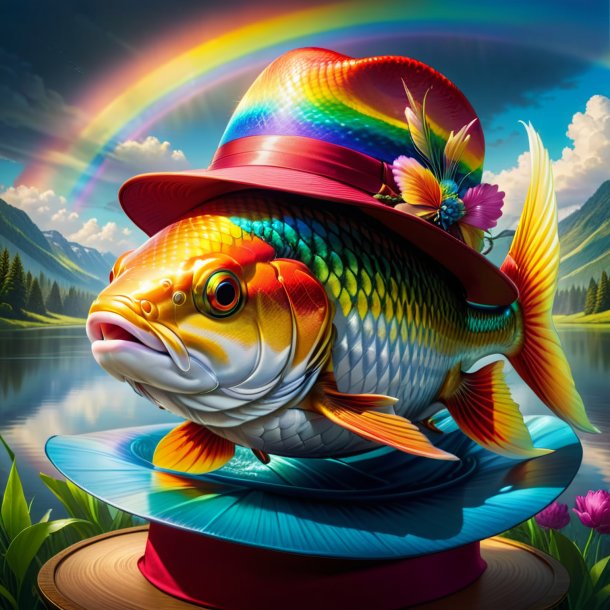 Drawing of a carp in a hat on the rainbow