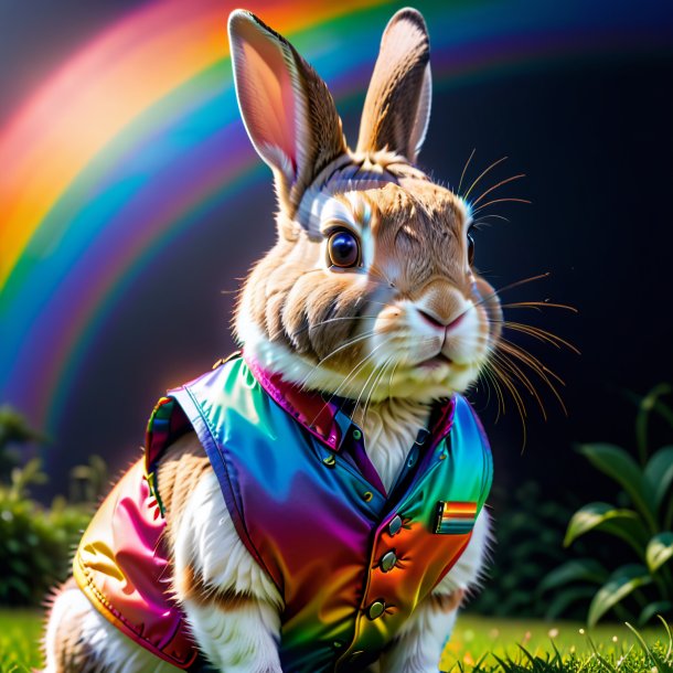 Photo d'un lapin dans un gilet sur l'arc-en-ciel