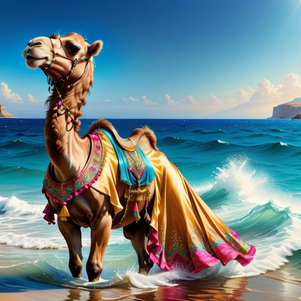 Drawing of a camel in a dress in the sea