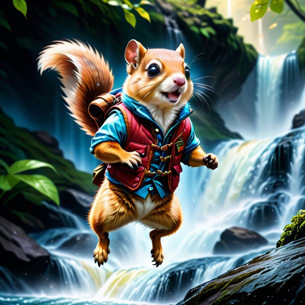 Illustration of a flying squirrel in a vest in the waterfall