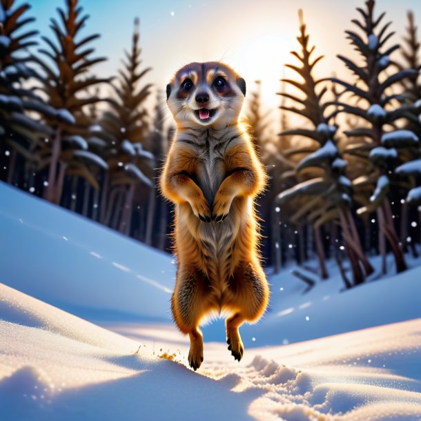 Picture of a jumping of a meerkat in the snow