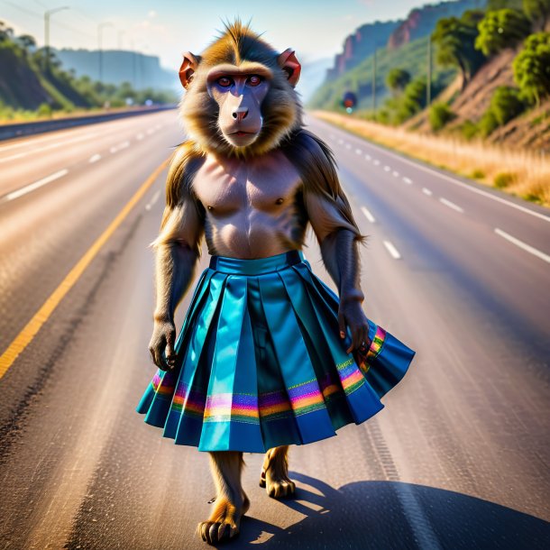 Image of a baboon in a skirt on the highway