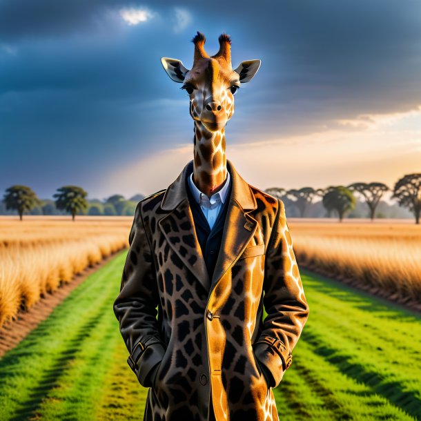 Photo of a giraffe in a coat on the field