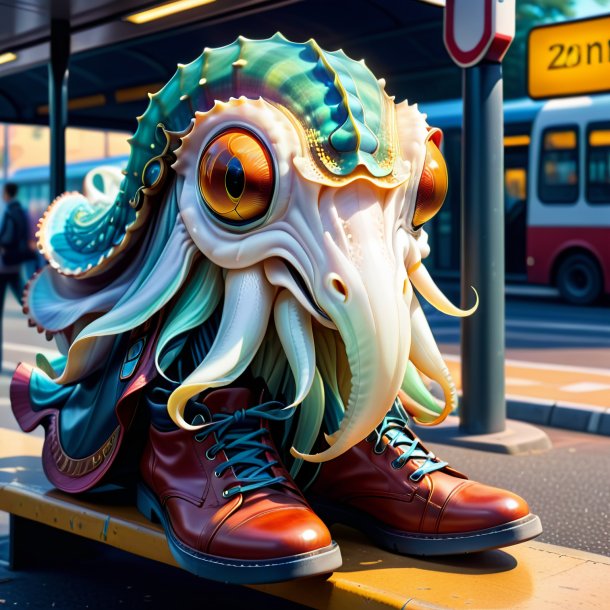 Illustration of a cuttlefish in a shoes on the bus stop