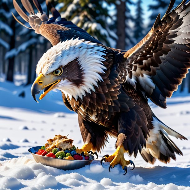 Foto de una comida de un águila en la nieve