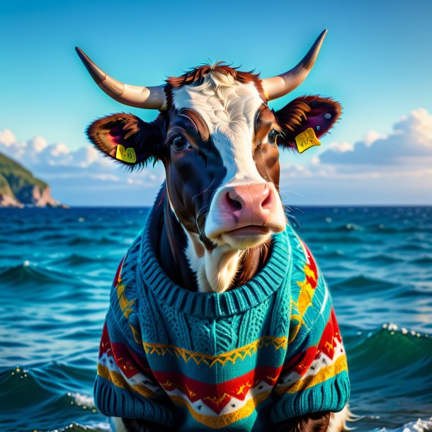 Imagen de una vaca en un suéter en el mar