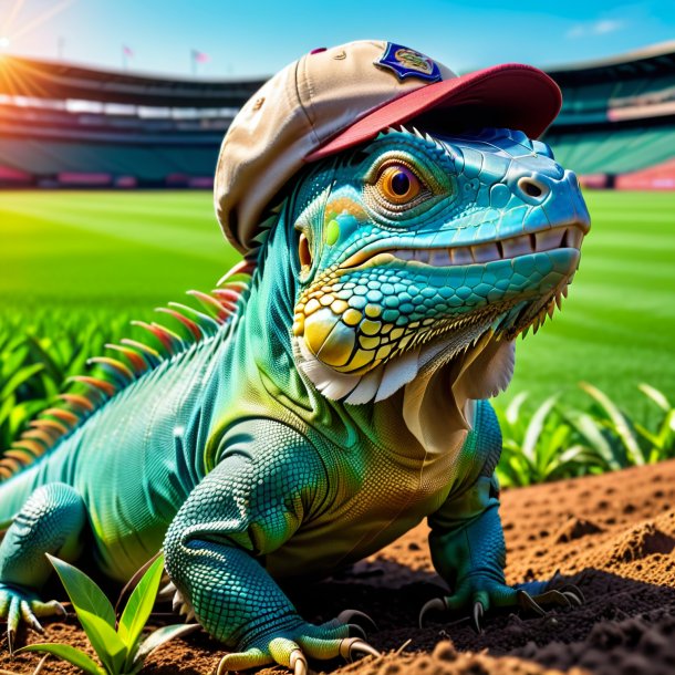 Photo of a iguana in a cap on the field