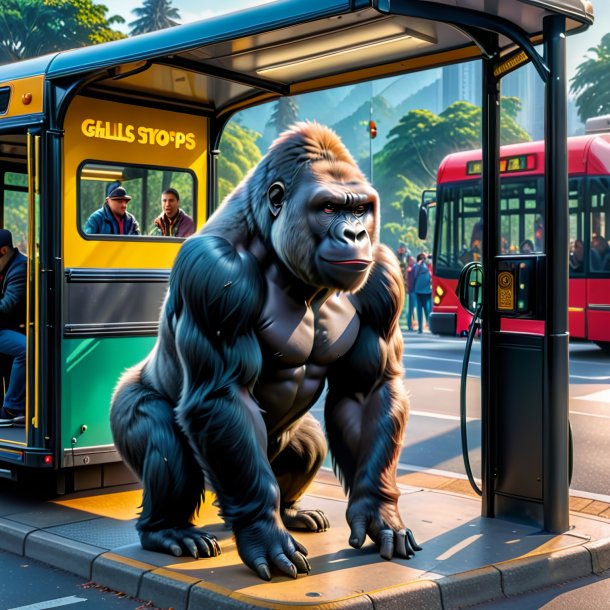 Image of a playing of a gorilla on the bus stop