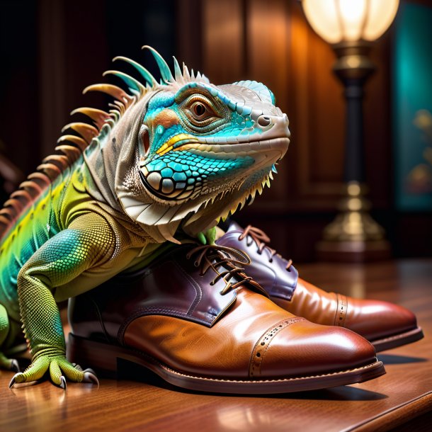 Picture of a iguana in a brown shoes