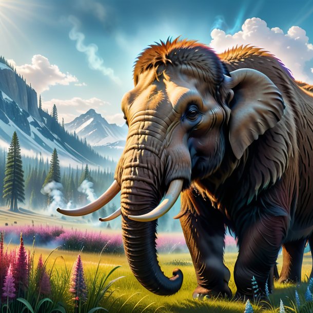 Photo of a smoking of a mammoth in the meadow