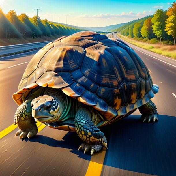 Drawing of a tortoise in a coat on the highway