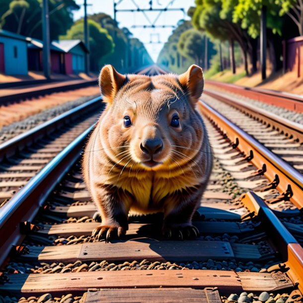 Photo of a wombat in a shoes on the railway tracks