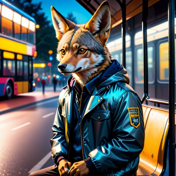 Picture of a jackal in a jacket on the bus stop