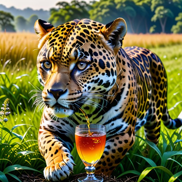 Imagem de um beber de um jaguar no prado