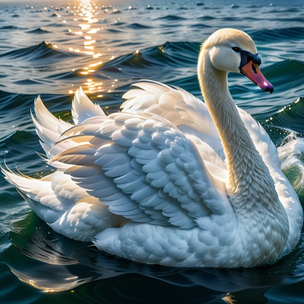 Image of a swan in a vest in the sea