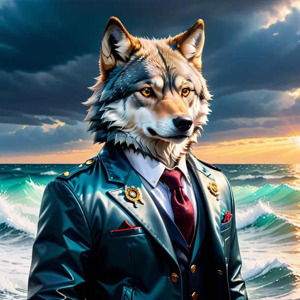 Foto de un lobo en una chaqueta en el mar