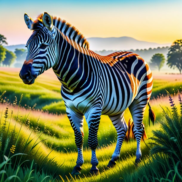 De uma zebra em uma calça no prado