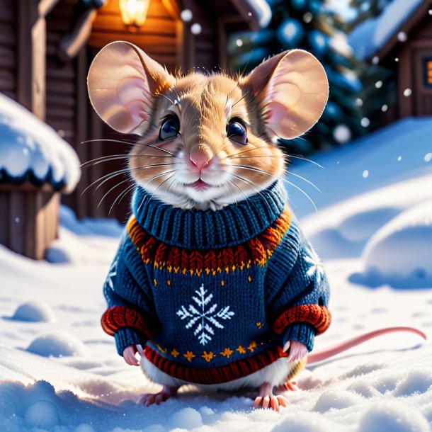 Photo of a mouse in a sweater in the snow