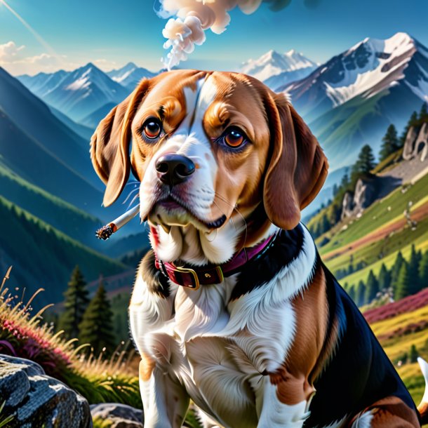 Image of a smoking of a beagle in the mountains