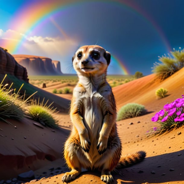 Pic d'une attente d'un meerkat sur l'arc-en-ciel