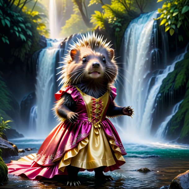 Photo of a porcupine in a dress in the waterfall