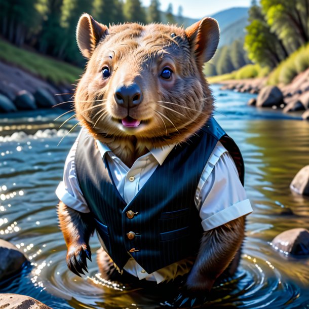 Picture of a wombat in a vest in the river