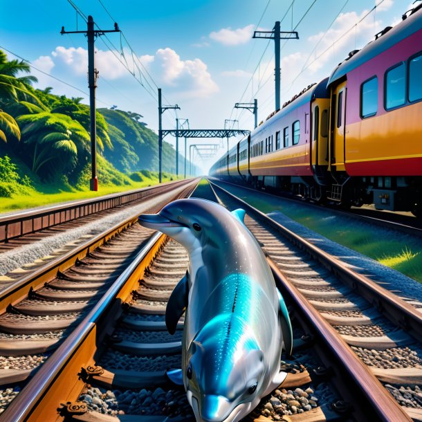 Photo of a waiting of a dolphin on the railway tracks