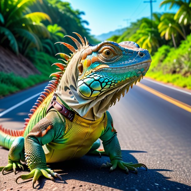 Foto de una iguana en un cinturón en el camino