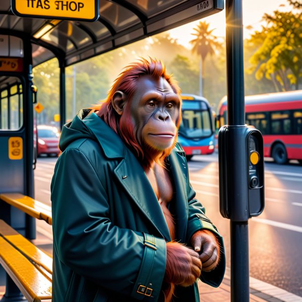 Foto de um orangotango em um casaco no ponto de ônibus