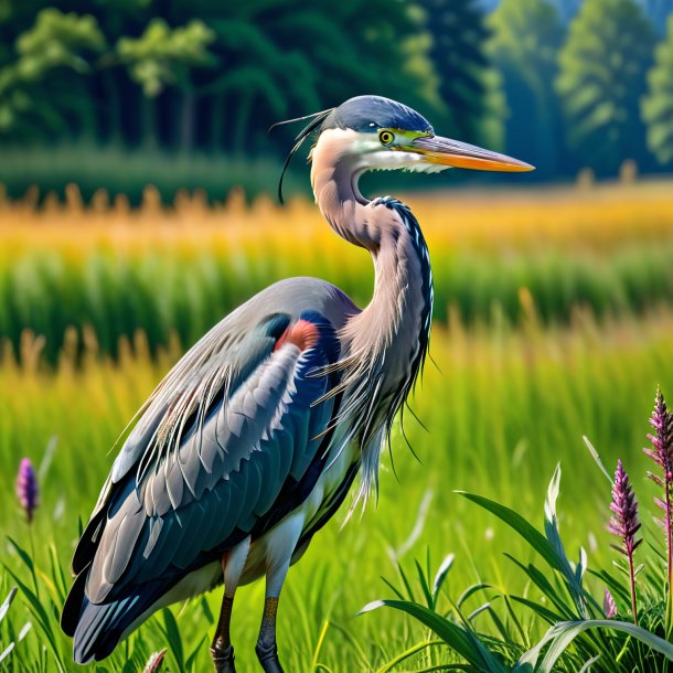 Image of a heron in a vest in the meadow